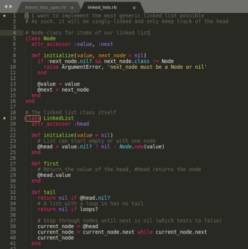 Screenshot of the code for a Linked List class in Ruby.