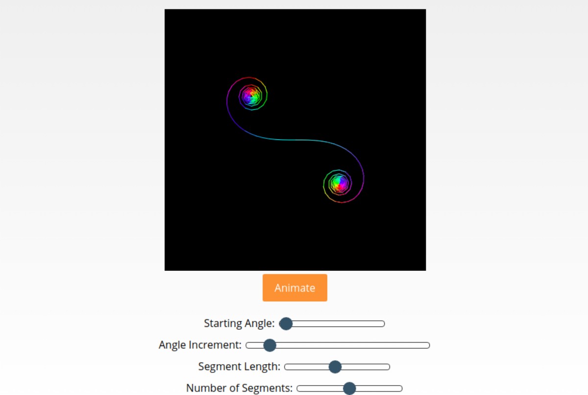 Screenshot of the Euler Spiral implementation, a multi-coloured spiral above sliders to alter its defining properties.