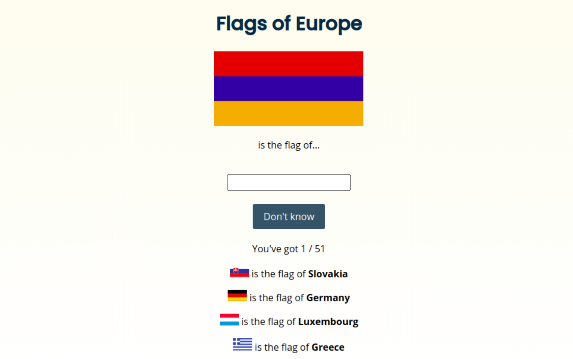 Screenshot of the flag of Armenia with a space below to guess which country it's from.