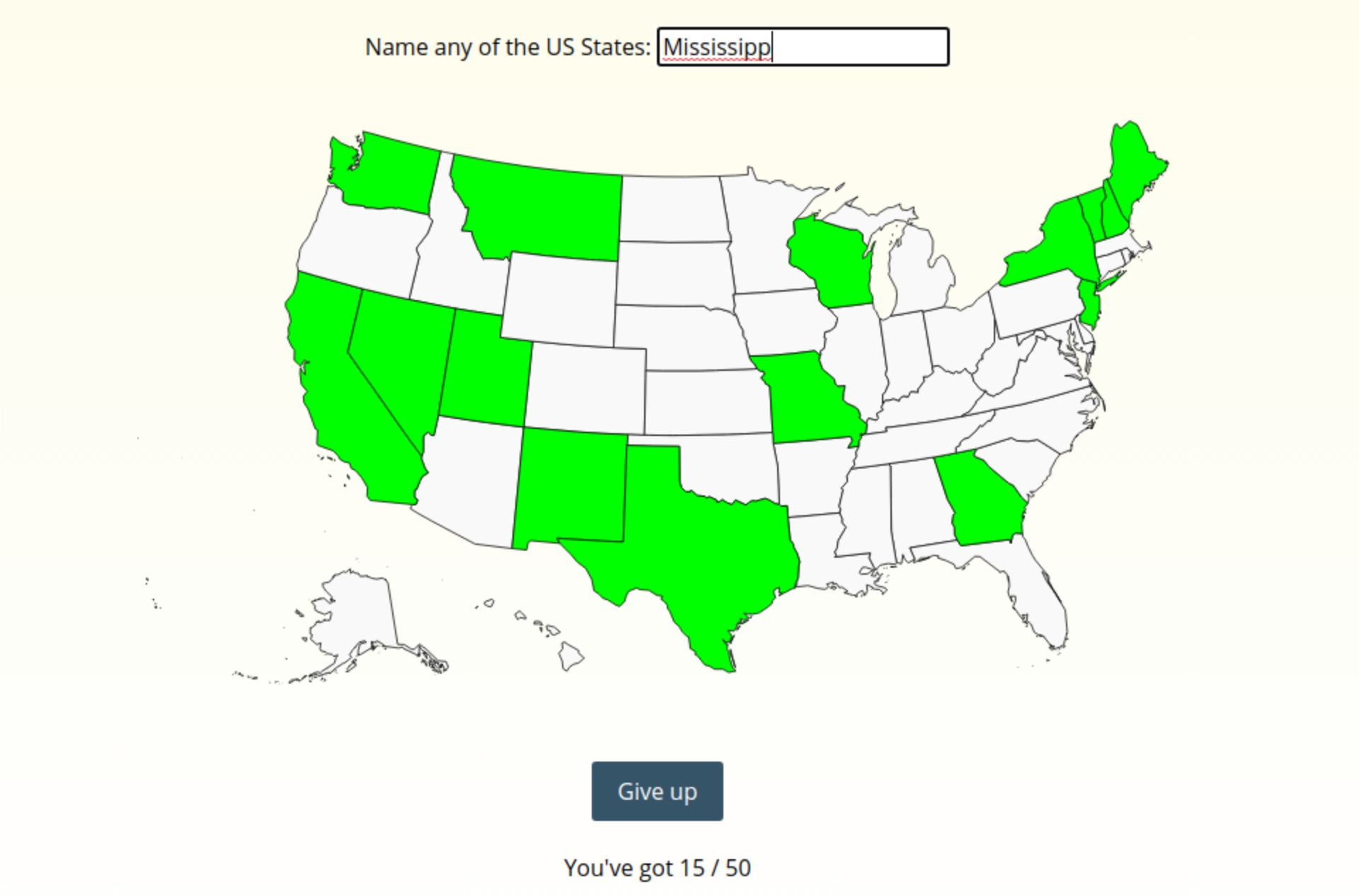 Screenshot of someone trying to name all the US states. They've got a few - highlighted in green on a map - and are currently trying to spell 'Mississippi'.