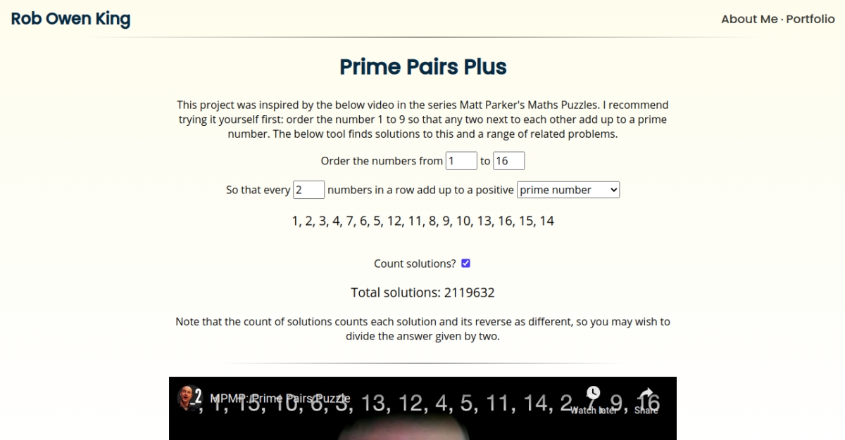 Screenshot of Prime Pairs Plus set to order the numbers from 1 to 16 so that every pair adds up to a prime.