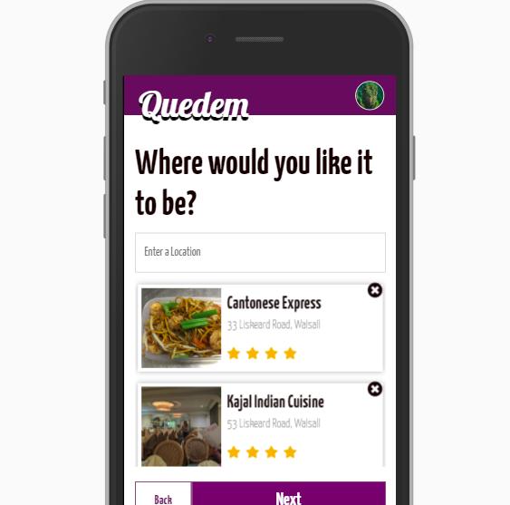 Screenshot of page to add location poll options on Quedem