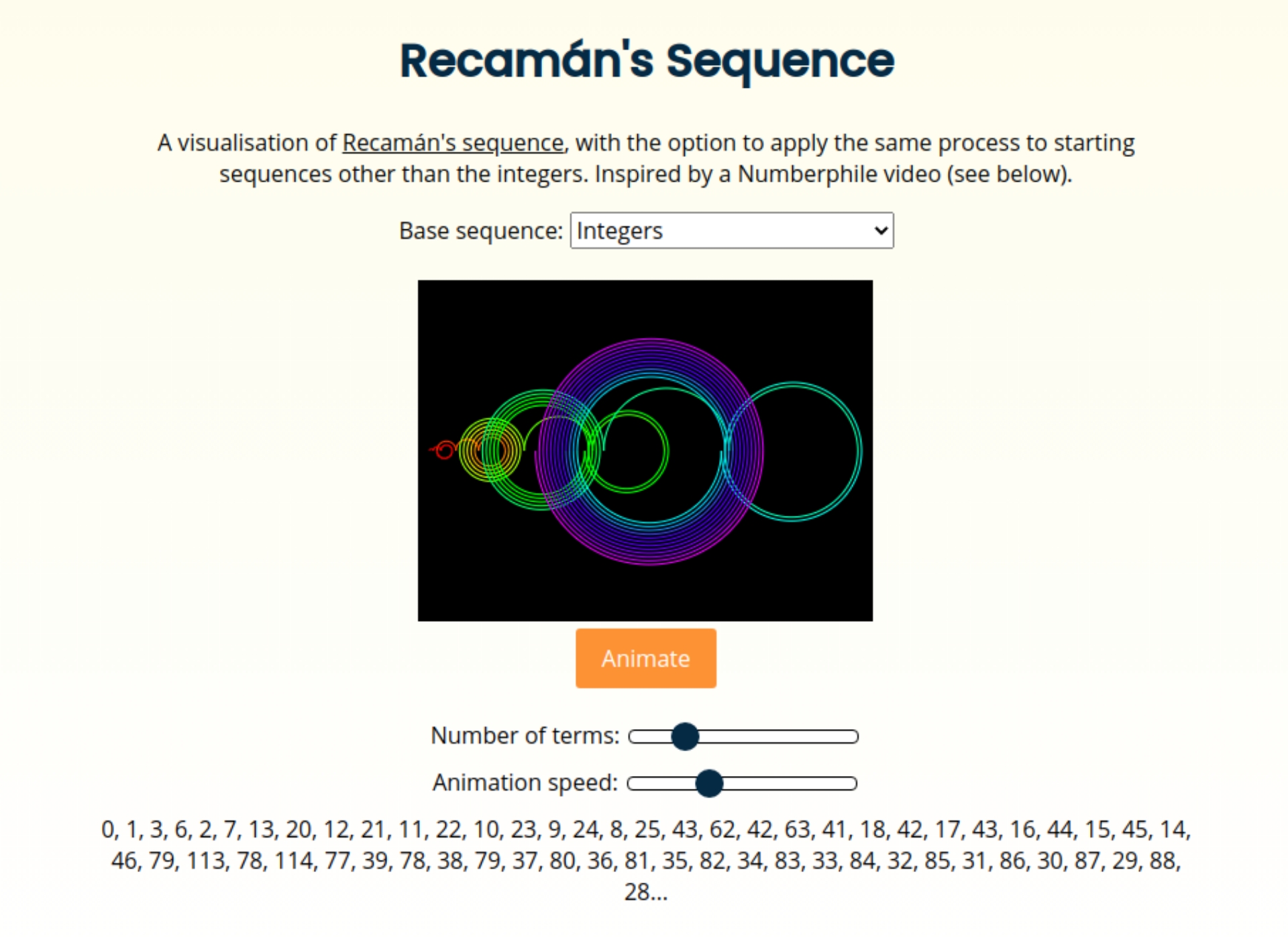 Screenshot of my Recamán's sequence visualisation tool - a curve swirling back and forth representing the first few dozen terms.