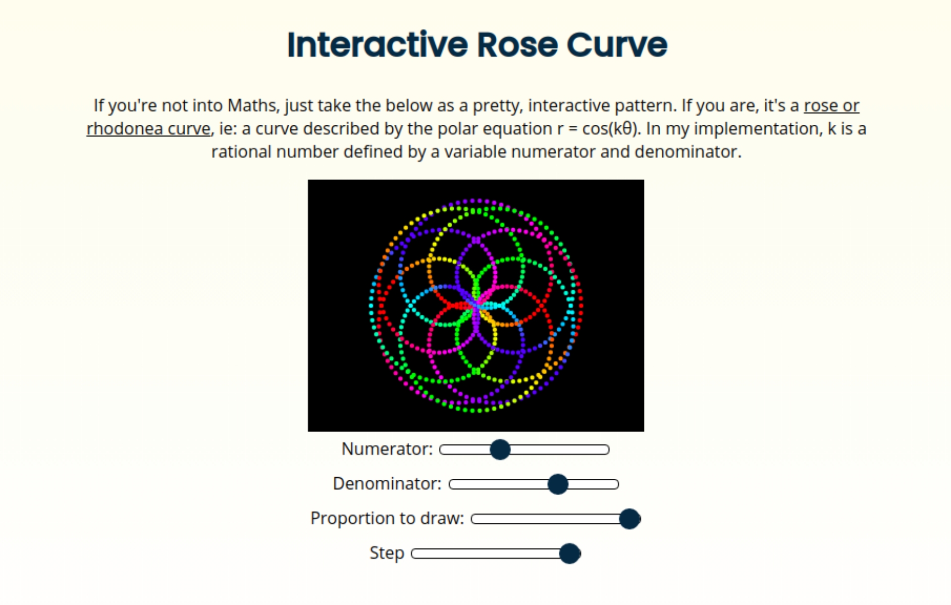 Screenshot of a Rose curve, a symmetrical, spiralling colourful pattern, above a set of sliders to define its properties.