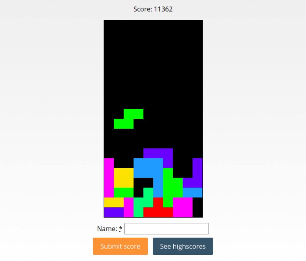 Screenshot of my version of Tetris with a game in progress (it's going okay).