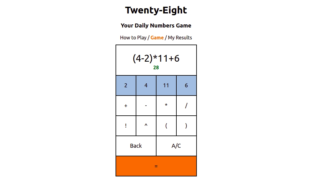 Screenshot of the app. The user has just made the number 28 by doing (4-2)*11+6.