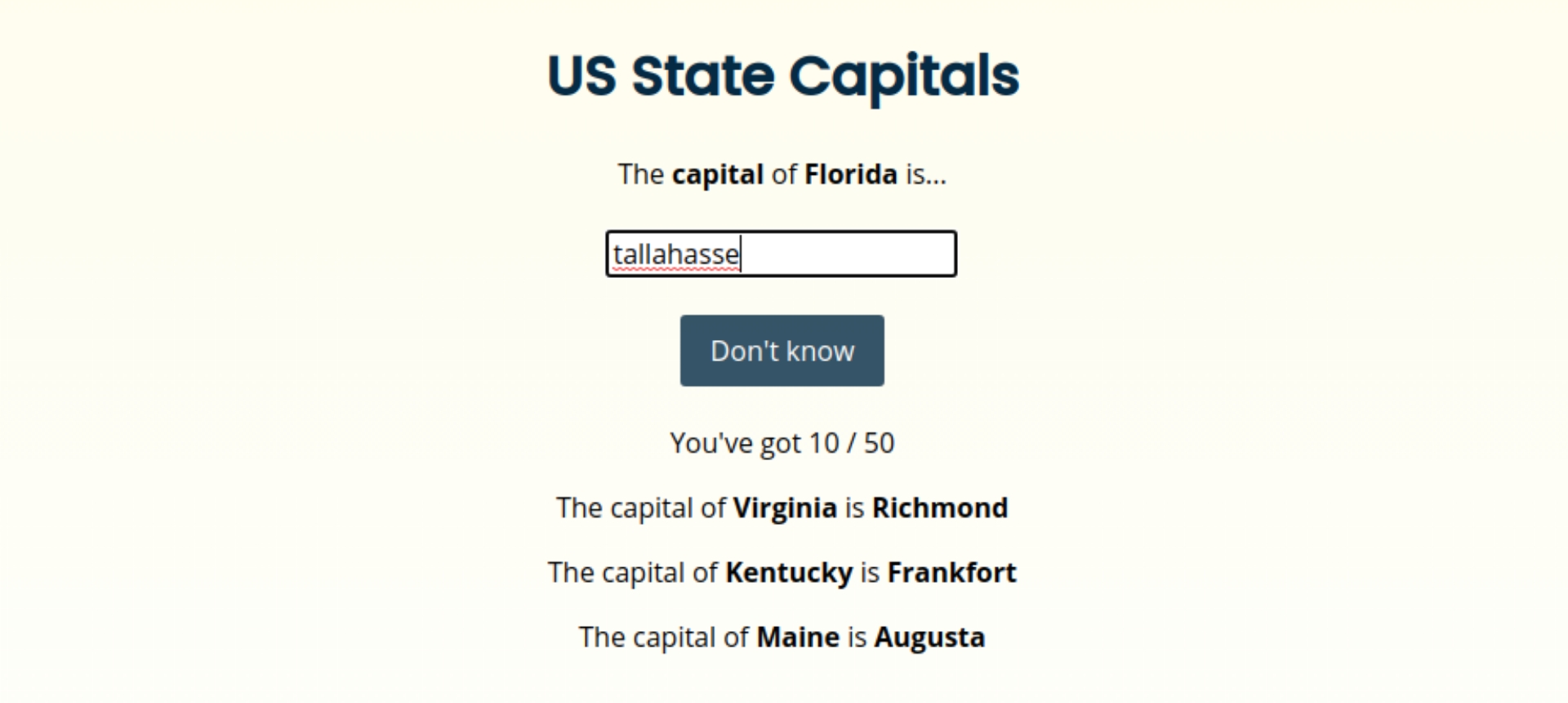 Screenshot of someone trying to spell 'Tallahassee' having been challenged to name the capital of Florida.