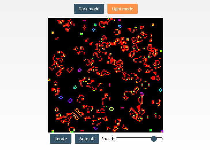 Screenshot of a game of Conway's Game of Life in progress with its sprawling, colourful patterns.