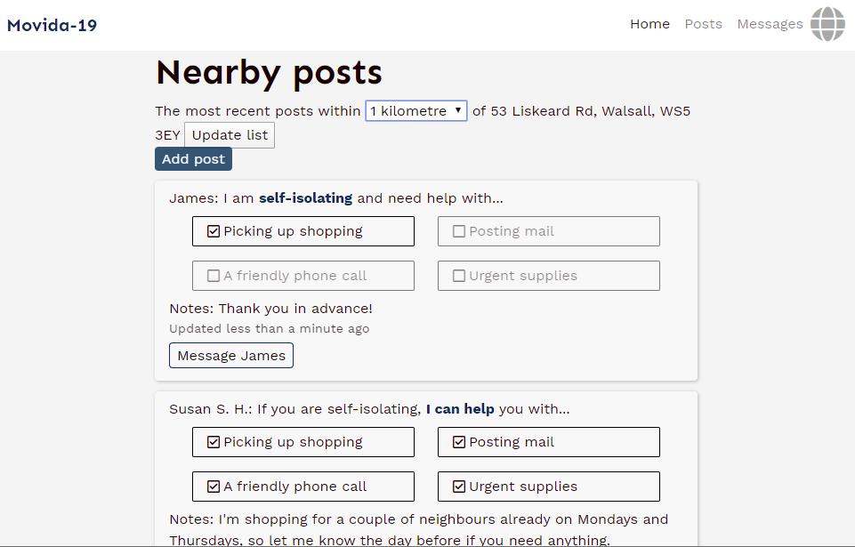Screenshot of list of Nearby Posts on Movida-19