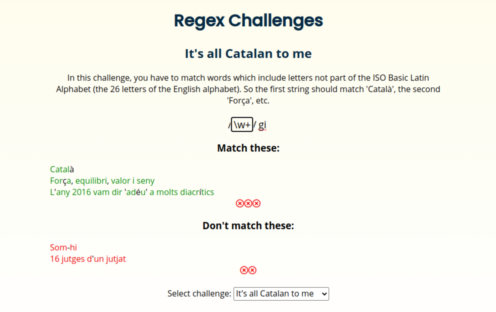 Screenshot of someone trying to use a regular expression to match some Catalan words with special characters to mixed success.